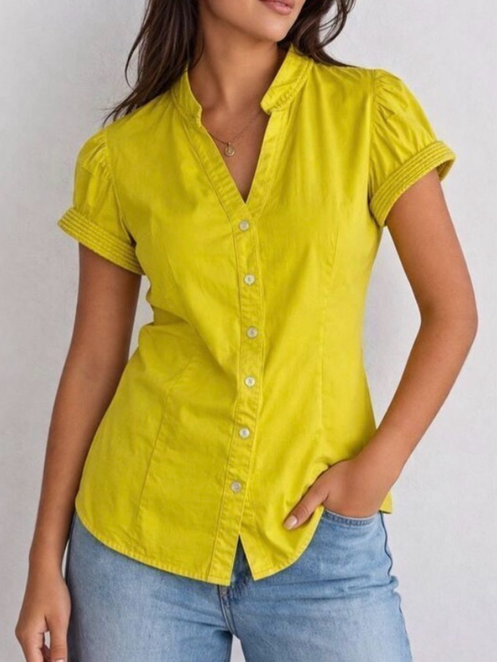 Express Yellow Short Sleeve Button-Front Top